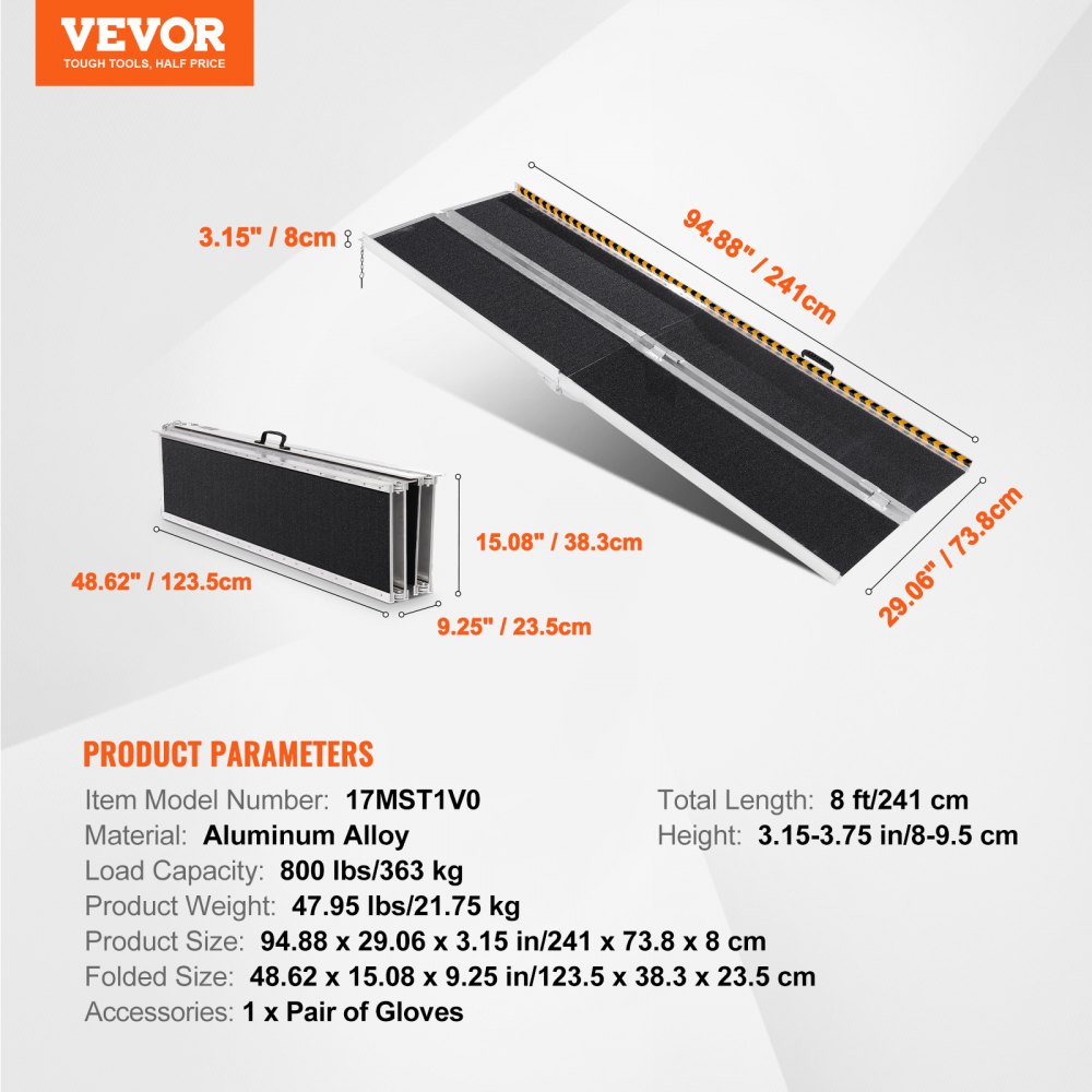 VEVOR Przenośna rampa dla wózków inwalidzkich 2,44 m, udźwig 363 kg, antypoślizgowa, aluminiowa, składana, progowa, składana rampa dla wózków inwalidzkich, skuterów, osób niepełnosprawnych, schodów, drzwi, krawężników, schodów domowych