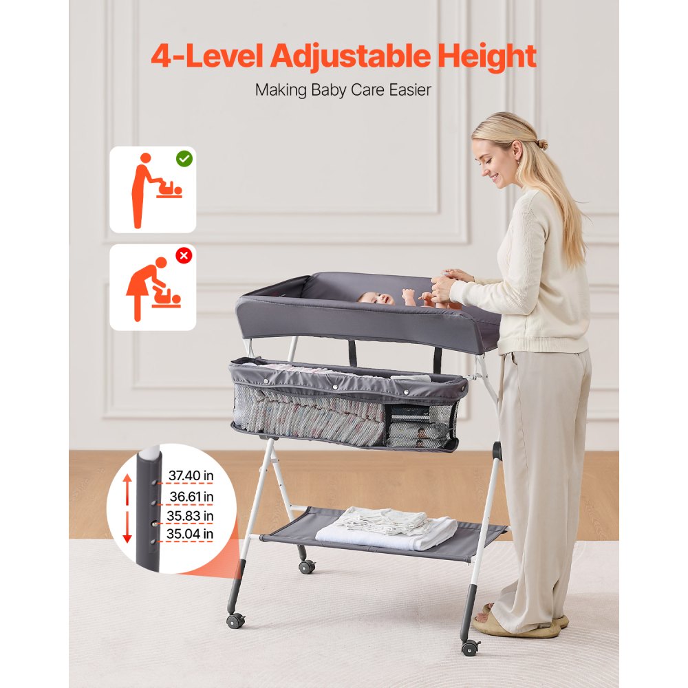Przewijak VEVOR, składana stacja do przewijania z bocznym koszem, regulowany na wysokość, przenośny przewijak z blokowanymi kółkami, wielofunkcyjny organizer do pokoju dziecięcego, ciemnoszary