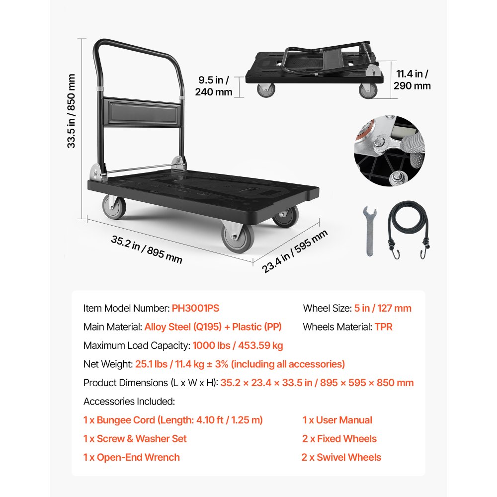 Wózek platformowy składany VEVOR, udźwig 454 kg, wózek transportowy z kółkami obrotowymi, wózek ręczny z antypoślizgową powierzchnią ładunkową, składany wózek transportowy ułatwiający przechowywanie, wózek na kółkach 895 x 595 x 850 mm