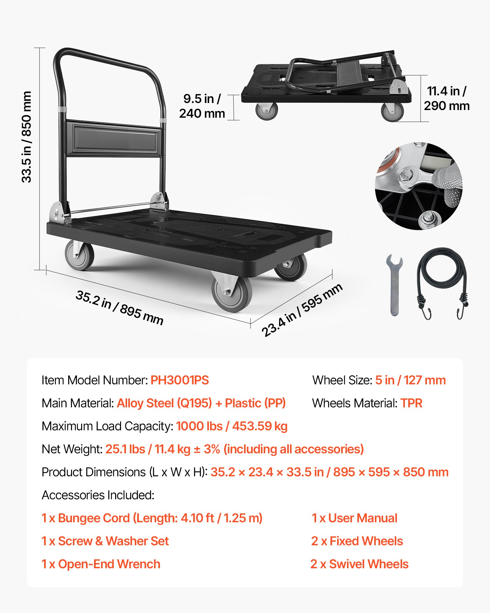 Wózek platformowy składany VEVOR, udźwig 454 kg, wózek transportowy z kółkami obrotowymi, wózek ręczny z antypoślizgową powierzchnią ładunkową, składany wózek transportowy ułatwiający przechowywanie, wózek na kółkach 895 x 595 x 850 mm