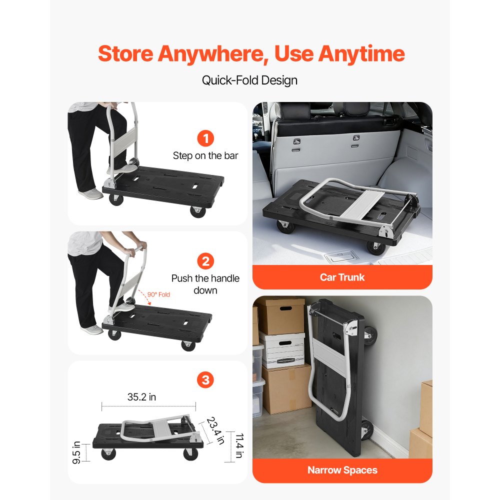 Wózek platformowy składany VEVOR, udźwig 300 kg, wózek transportowy z kółkami obrotowymi, wózek ręczny z antypoślizgową powierzchnią ładunkową, składany wózek transportowy ułatwiający przechowywanie, wózek na kółkach 895 x 595 x 850 mm