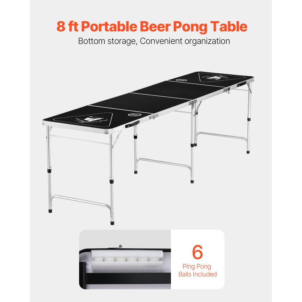 VEVOR Portable Foldable Beer Pong Table (240 x 60 x 52/70 cm), Beer Pong Table with Carrying Handles & 6 Pong Balls, Height-Adjustable Tailgate Table for Office, Tailgate Party, Travel and Camping