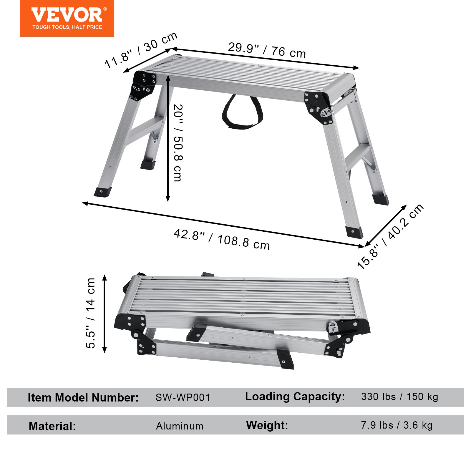 VEVOR Aluminiowa platforma robocza składana, stół roboczy 76x30x50,8 cm, udźwig 150 kg, stół schodkowy z blokadami bezpieczeństwa, drabina schodkowa do domu, biura, warsztatu i garażu, srebrna