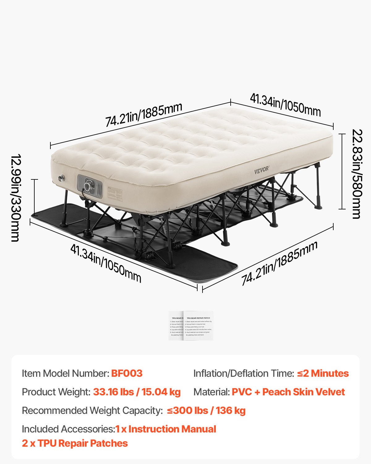 Materac dmuchany VEVOR z ramą 1885x1050x580 mm, dmuchane łóżko kempingowe dla 1 osoby z wbudowaną pompką, przenośne materace dmuchane o udźwigu 136 kg, dmuchane łóżko do dowolnego zastosowania na kempingu i w podróży