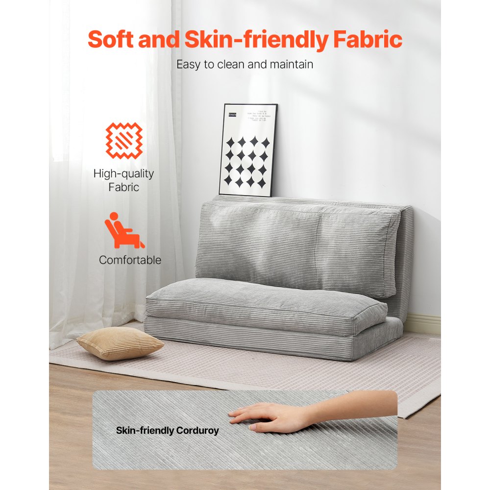 VEVOR 3 w 1 rozkładana sofa z 2 poduszkami i zmywalnym pokrowcem, rozkładany fotel z pianki memory 25D, kanapa do salonu i sypialni, jasnoszara (pełna / 2410 x 1360 x 120 mm)