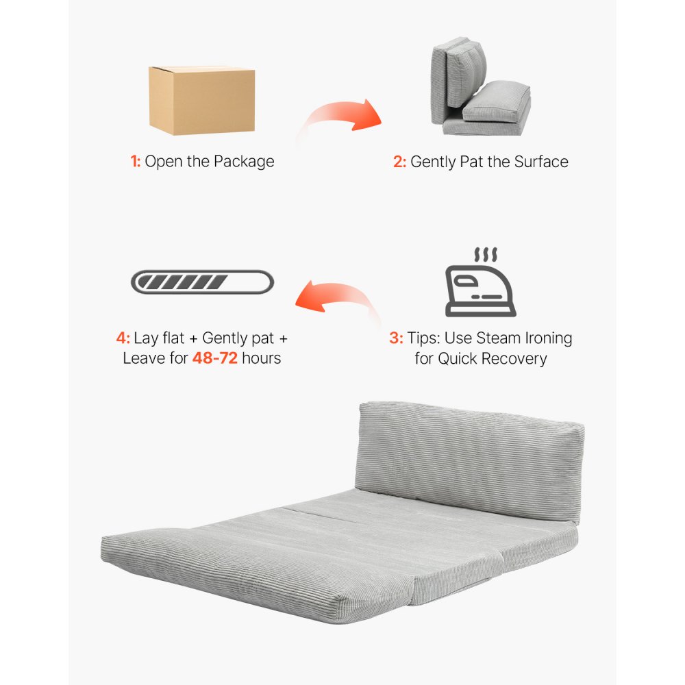 VEVOR 3 w 1 rozkładana sofa z 2 poduszkami i zmywalnym pokrowcem, rozkładany fotel z pianki memory 25D, kanapa do salonu i sypialni, jasnoszara (pełna / 2410 x 1360 x 120 mm)