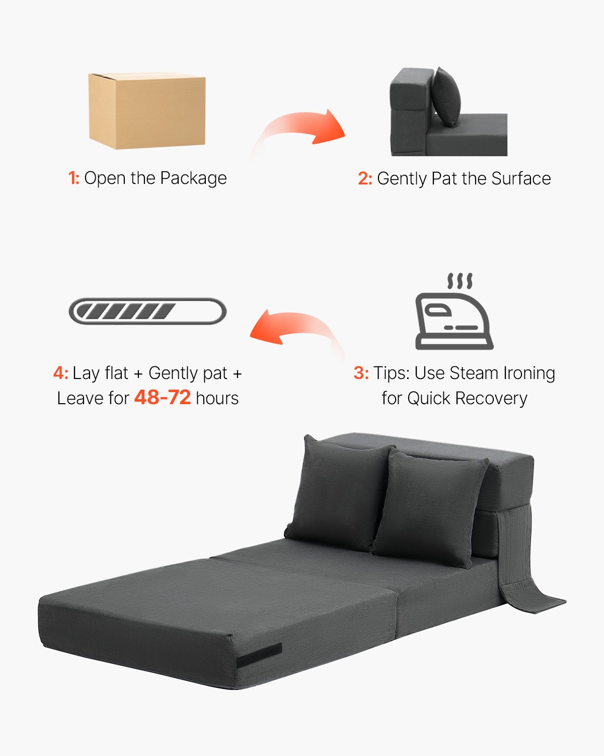 VEVOR 3 w 1 rozkładana sofa z 2 poduszkami i zmywalnym pokrowcem, rozkładany fotel z pianki memory 25D, sofa rozkładana do salonu i sypialni, ciemnoszara (łóżko pojedyncze)