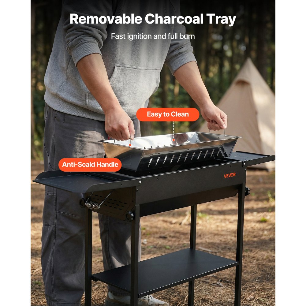 Grill węglowy VEVOR z regulowaną wysokością, składanymi stolikami bocznymi i torbą do przechowywania, odporny na ciepło i malowany proszkowo, składany grill idealny na kemping, przyjęcia ogrodowe i uroczystości