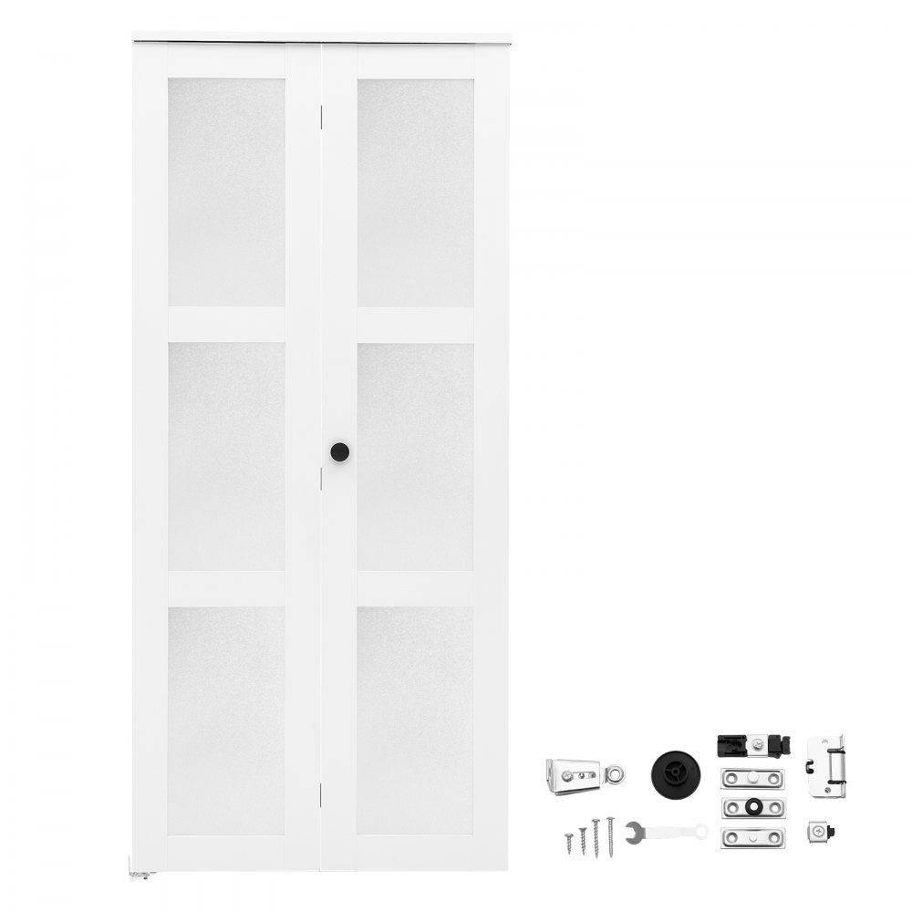 Komplet drzwi składanych VEVOR 914 mm (dwie sztuki po 457 mm) x 2032 mm, szkło matowe, do szaf i sypialni, dwuskrzydłowe drzwi składane przesuwne z okuciami metalowymi i ramą kompozytową, stylowe i oszczędzające miejsce, białe