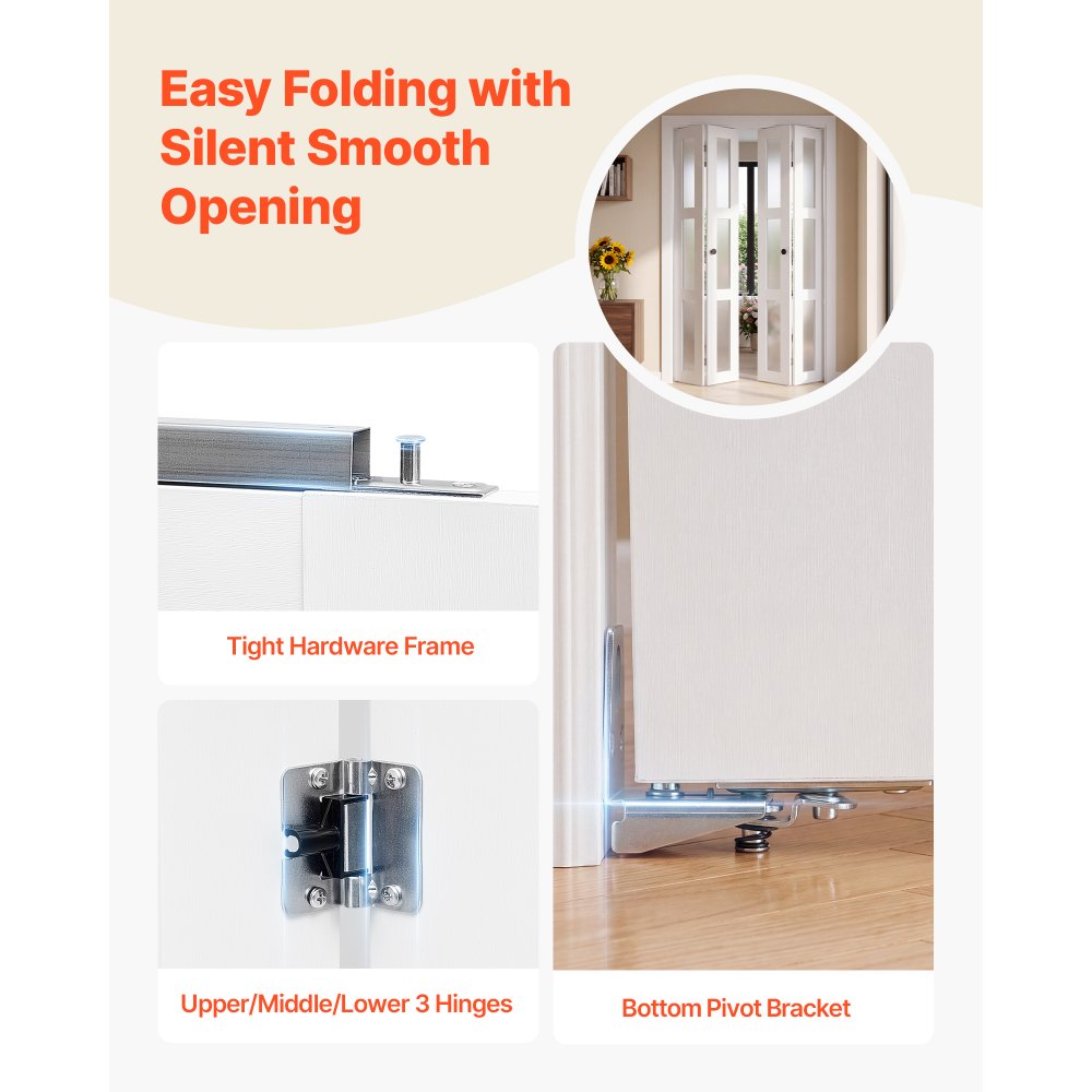 VEVOR Bifold Closet Door 4-Panel, 1219 mm (Four 305 mm) x 2032 mm, 3-Lite Frosted Glass Bifold Barn Door with Metal Hardware Kit & Sturdy Composite Frame, Modern Stylish & Space-Saving for Bedrooms