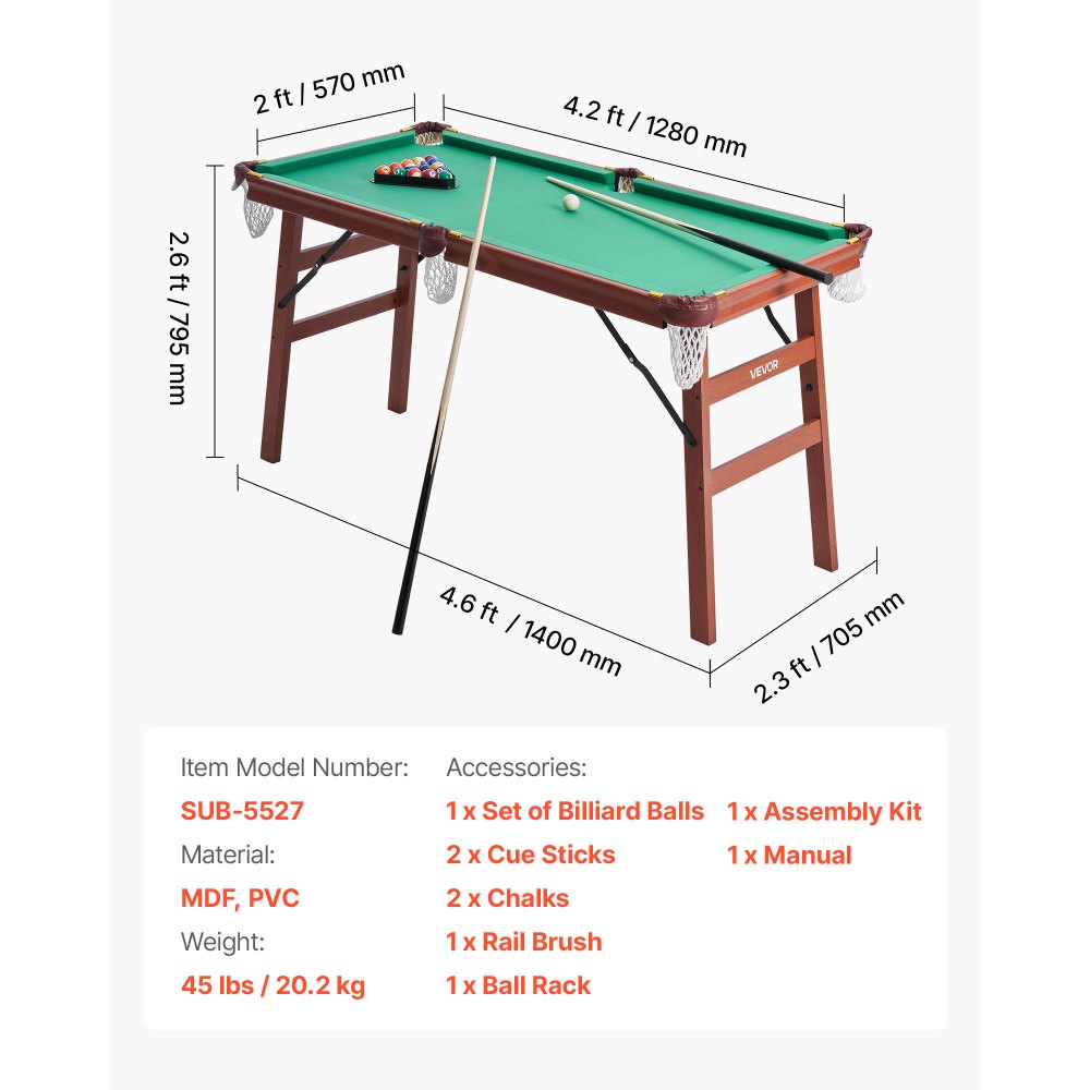 VEVOR Folding Pool Table, 140cm Portable Billiards Tables, Foldable Space-Saving Entertainment Game Set Includes Ball, Cue, Rack, Chalk, Brush, Brown with Bule Cloth, for Family Use, Recreation Room