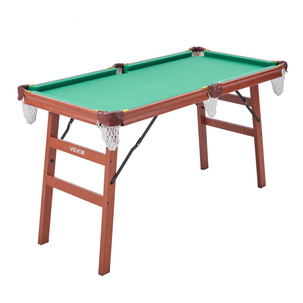 VEVOR Folding Pool Table, 140cm Portable Billiards Tables, Foldable Space-Saving Entertainment Game Set Includes Ball, Cue, Rack, Chalk, Brush, Brown with Bule Cloth, for Family Use, Recreation Room
