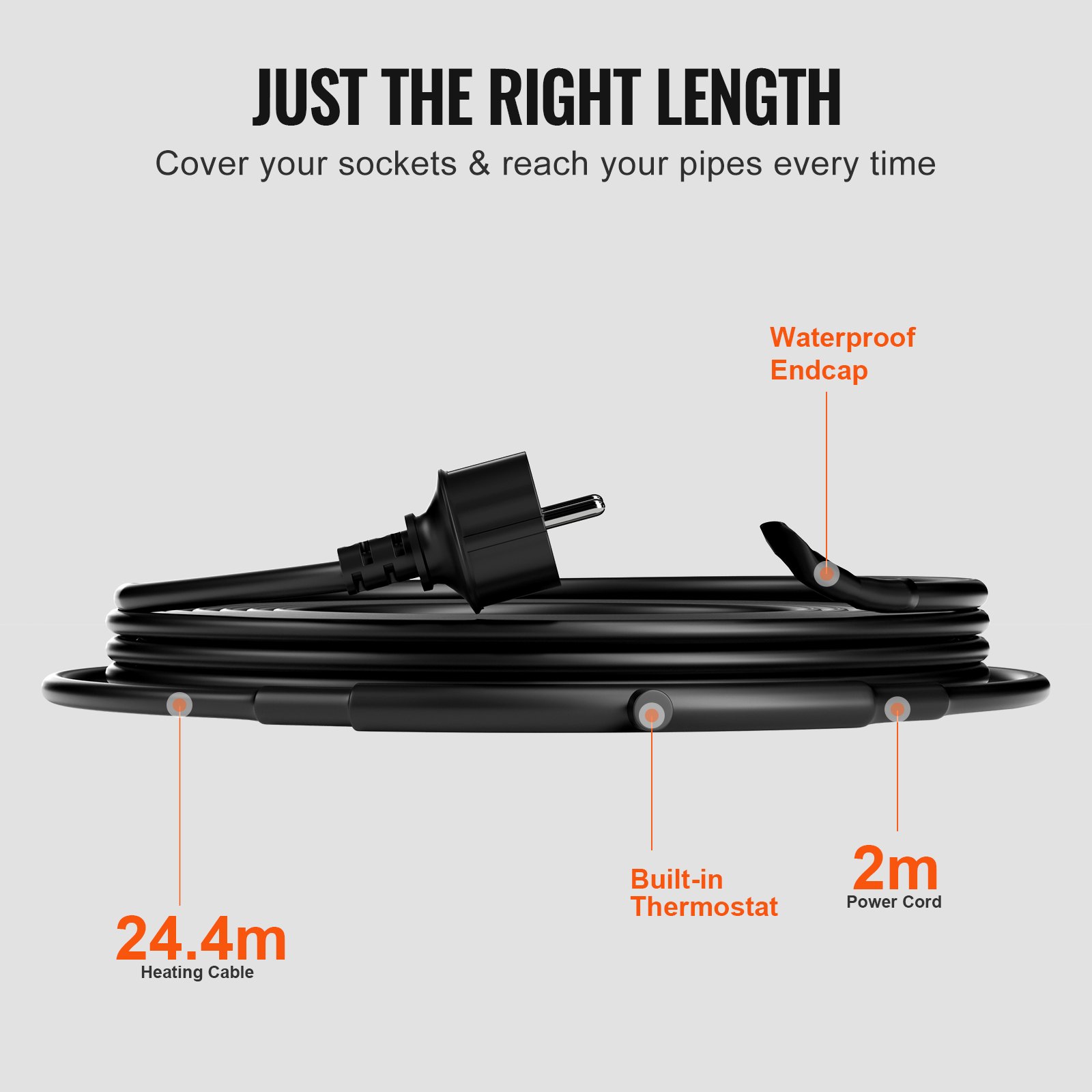 VEVOR Samoregulujący kabel grzejny do rur, 24,4 m, 16,4 W/m, ochrona przed zamarzaniem kabla grzejnego, kabel grzejny do rur wodnych z wbudowanym termostatem chroni węże PCV, rury metalowe i plastikowe przed zamarzaniem