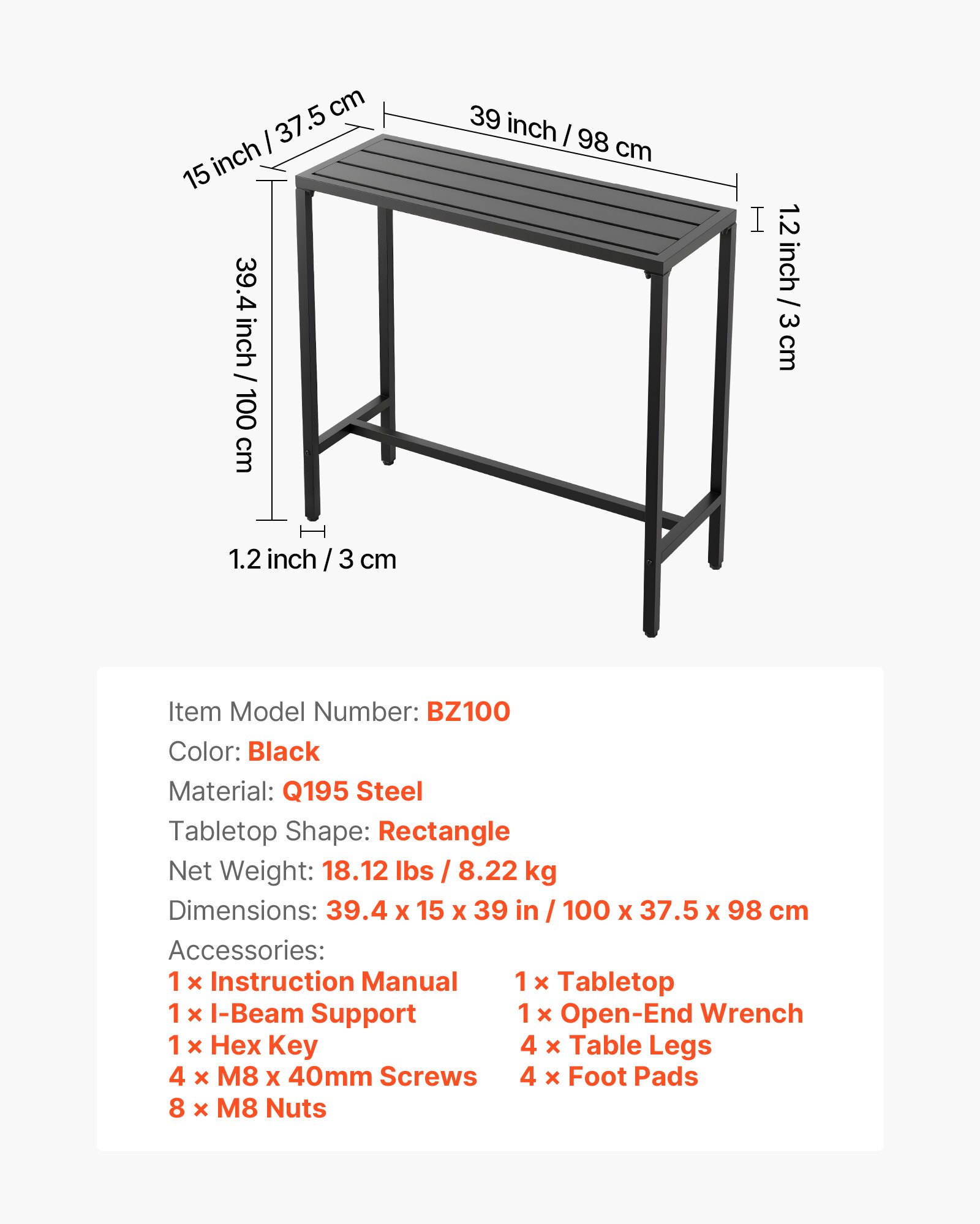 Stół barowy VEVOR, 1000 x 375 x 980 mm, stół bistro, wysoki stół z metalową ramą, prostokątne stoły jadalne, stół kuchenny, stół barowy, stół imprezowy, meble ogrodowe na balkon, do ogrodu, przy basenie