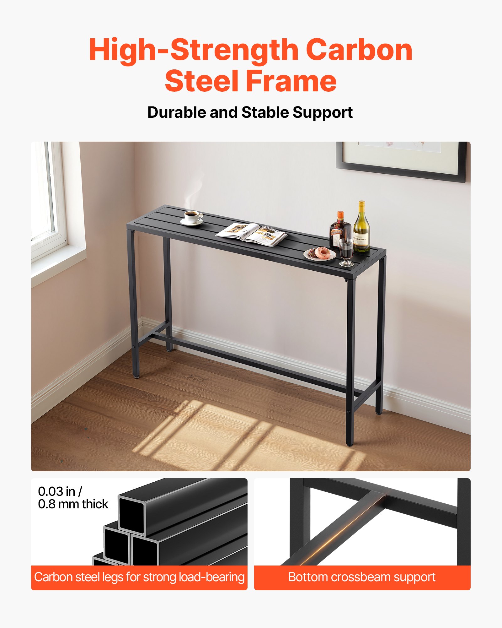 Stół barowy VEVOR, 1400 x 375 x 980 mm, stół bistro, wysoki stół z metalową ramą, prostokątne stoły jadalne, stół kuchenny, stół barowy, stół imprezowy, meble ogrodowe na balkon, do ogrodu, przy basenie