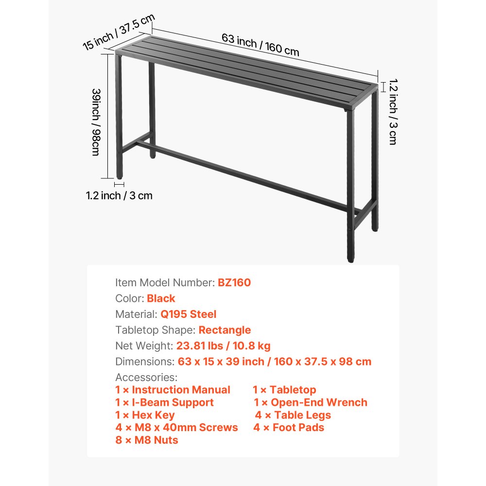 Stół barowy VEVOR, 1600 x 375 x 980 mm, stół bistro, wysoki stół z metalową ramą, prostokątne stoły jadalne, stół kuchenny, stół barowy, stół imprezowy, meble ogrodowe na balkon, do ogrodu, przy basenie