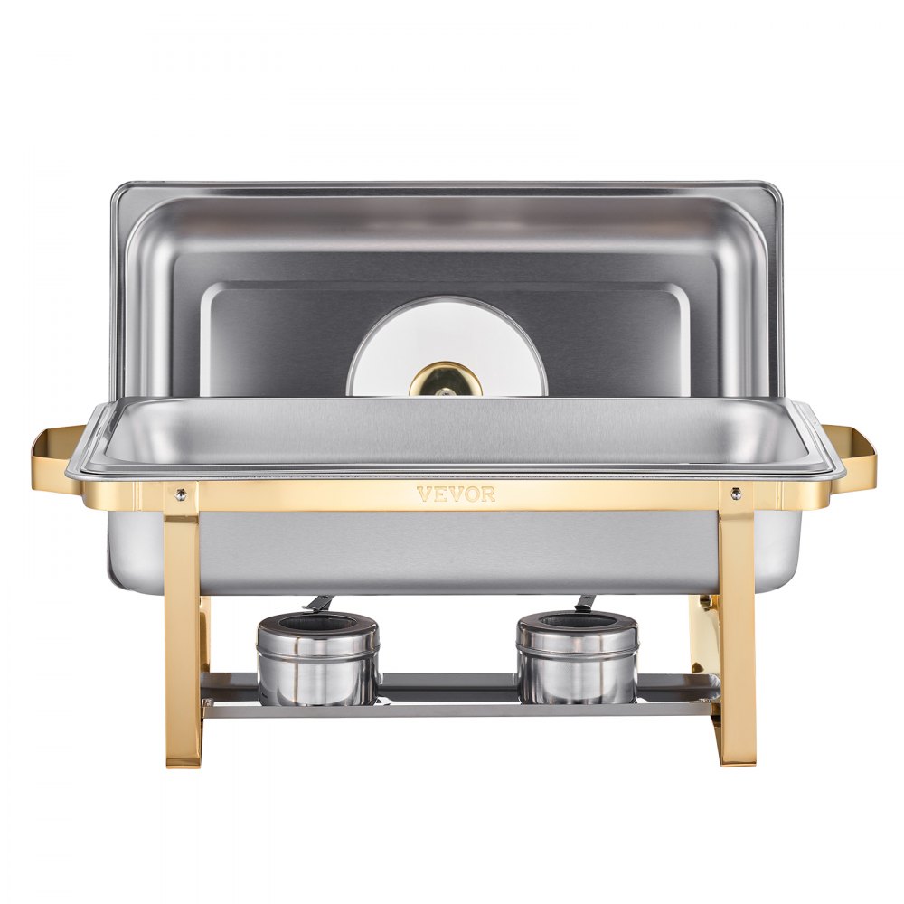 Zestaw VEVOR Chafing Dish ze stali nierdzewnej, podgrzewacz do żywności z 4 pojemnikami pełnowymiarowymi (po 7,5 l każdy), prostokątny dozownik ciepła z widoczną pokrywką, podstawką na pojemnik na wodę i uchwytem na paliwo, na imprezy