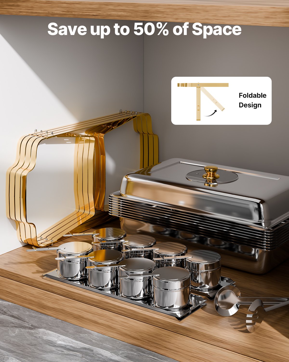 Zestaw VEVOR Chafing Dish ze stali nierdzewnej, podgrzewacz do żywności z 4 pojemnikami pełnowymiarowymi (po 7,5 l każdy), prostokątny dozownik ciepła z widoczną pokrywką, podstawką na pojemnik na wodę i uchwytem na paliwo, na imprezy