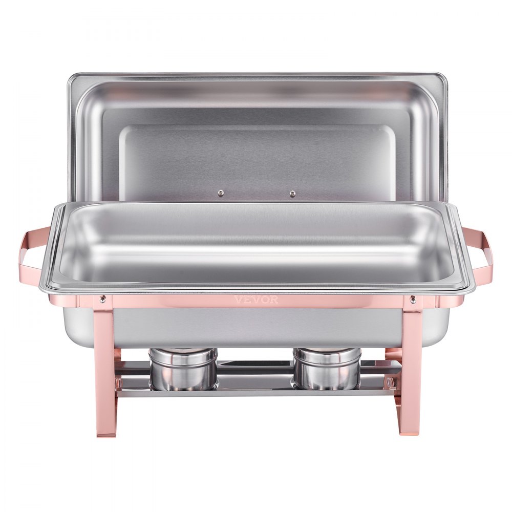 Zestaw VEVOR Chafing Dish, 2 elementy, podgrzewacz do żywności ze stali nierdzewnej z 2 pełnowymiarowymi patelniami (7,5 l), prostokątny dozownik ciepła cateringowego z pokrywką, podstawką na patelnię z wodą i uchwytem na paliwo, różowe złoto