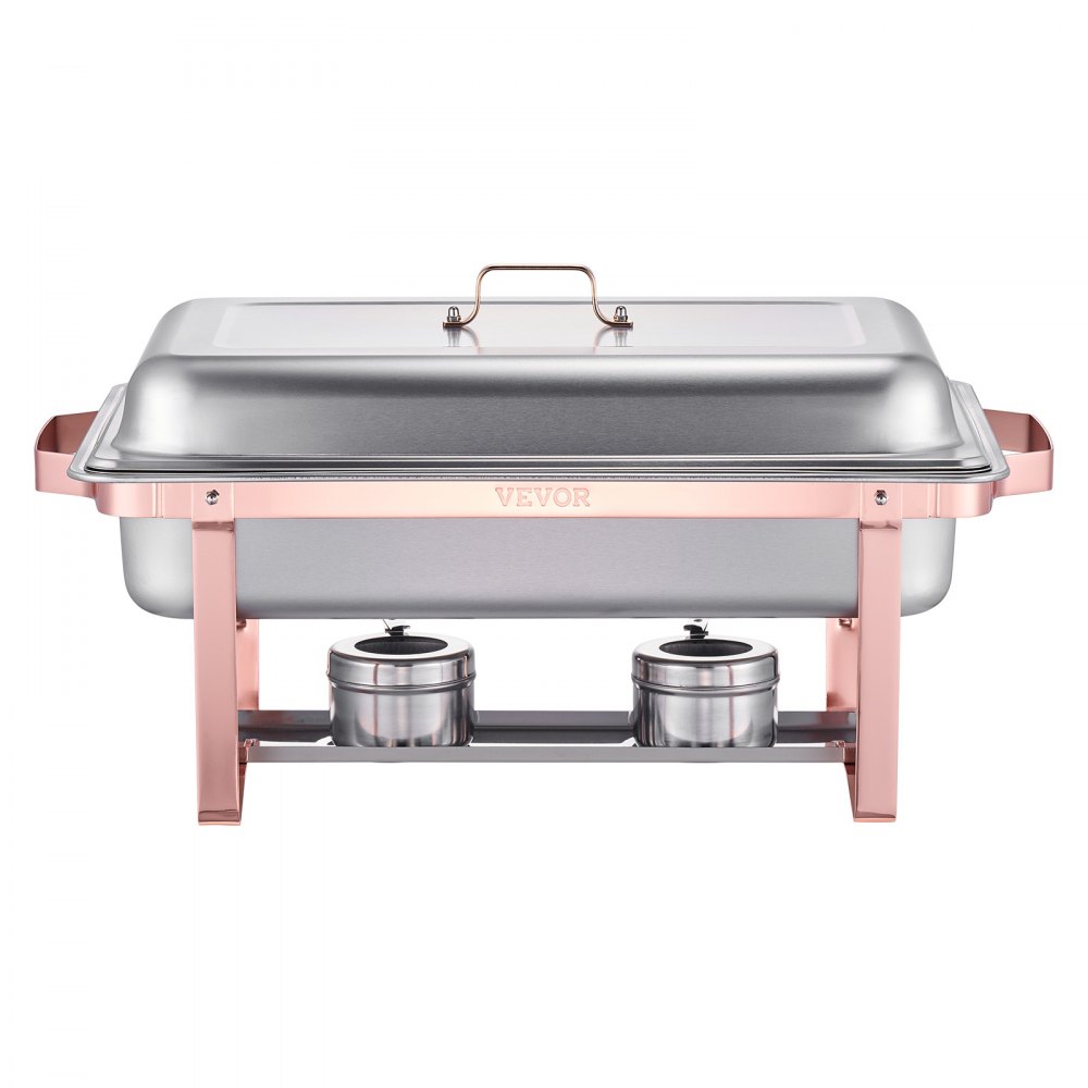 Zestaw VEVOR Chafing Dish, 2 elementy, podgrzewacz do żywności ze stali nierdzewnej z 2 pełnowymiarowymi patelniami (7,5 l), prostokątny dozownik ciepła cateringowego z pokrywką, podstawką na patelnię z wodą i uchwytem na paliwo, różowe złoto