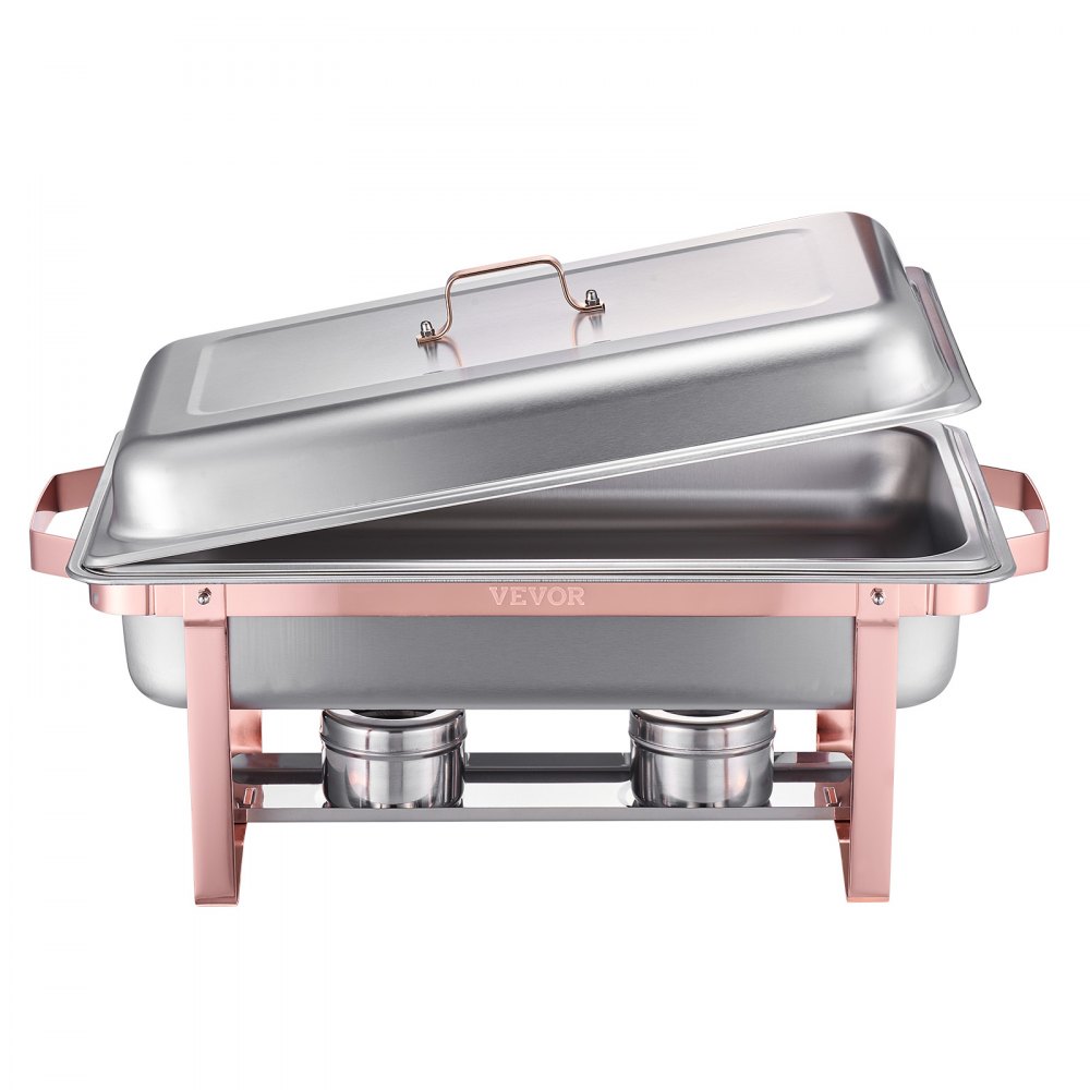Zestaw VEVOR Chafing Dish, 2 elementy, podgrzewacz do żywności ze stali nierdzewnej z 2 pełnowymiarowymi patelniami (7,5 l), prostokątny dozownik ciepła cateringowego z pokrywką, podstawką na patelnię z wodą i uchwytem na paliwo, różowe złoto