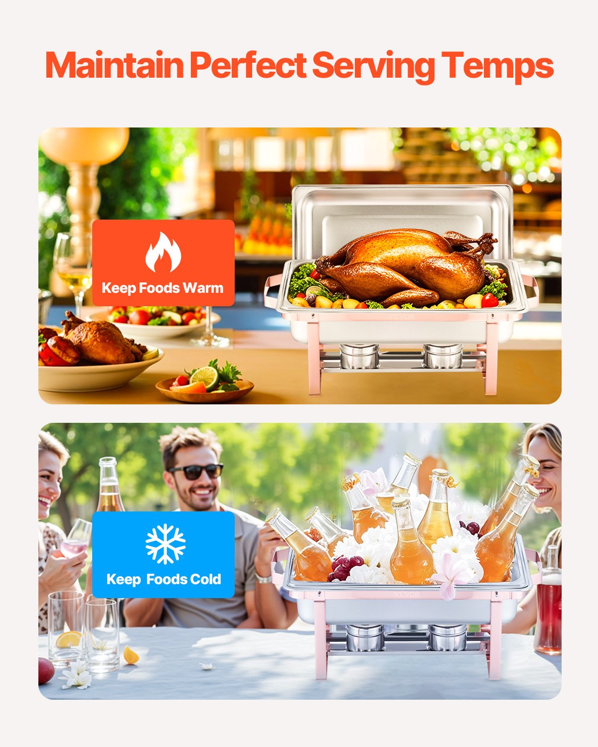 Zestaw VEVOR Chafing Dish, 2 elementy, podgrzewacz do żywności ze stali nierdzewnej z 2 pełnowymiarowymi patelniami (7,5 l), prostokątny dozownik ciepła cateringowego z pokrywką, podstawką na patelnię z wodą i uchwytem na paliwo, różowe złoto