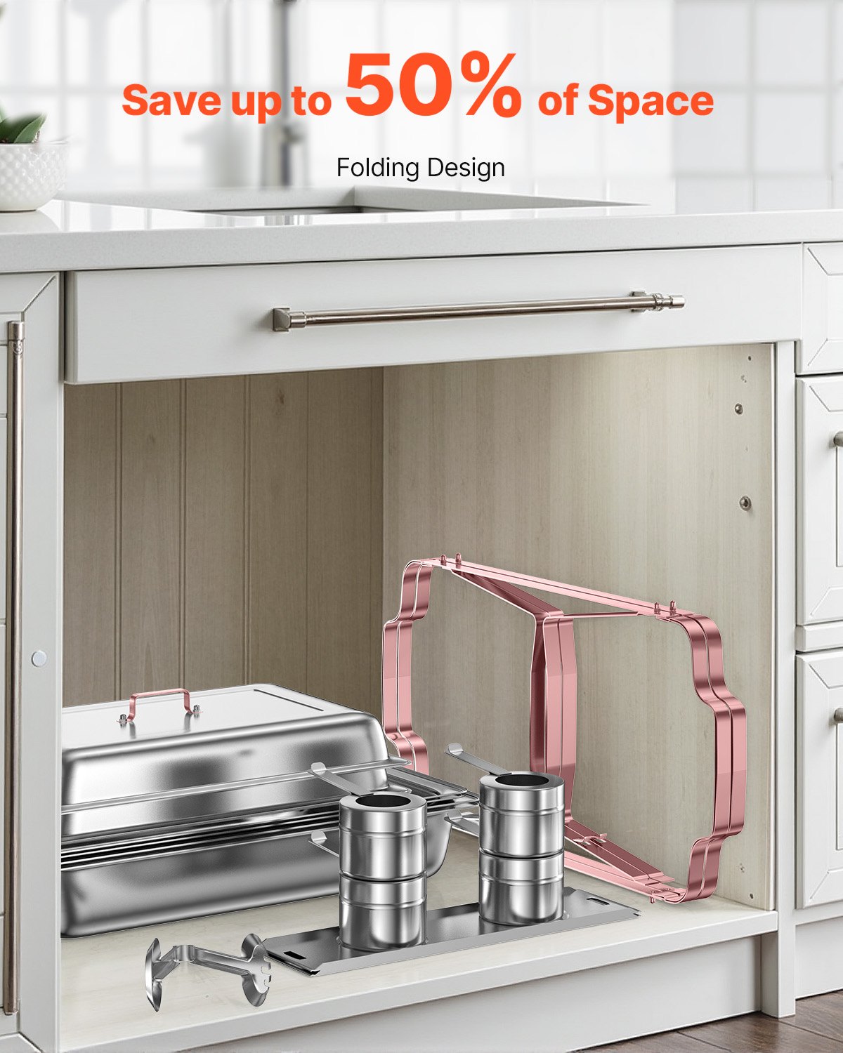 Zestaw VEVOR Chafing Dish, 2 elementy, podgrzewacz do żywności ze stali nierdzewnej z 2 pełnowymiarowymi patelniami (7,5 l), prostokątny dozownik ciepła cateringowego z pokrywką, podstawką na patelnię z wodą i uchwytem na paliwo, różowe złoto