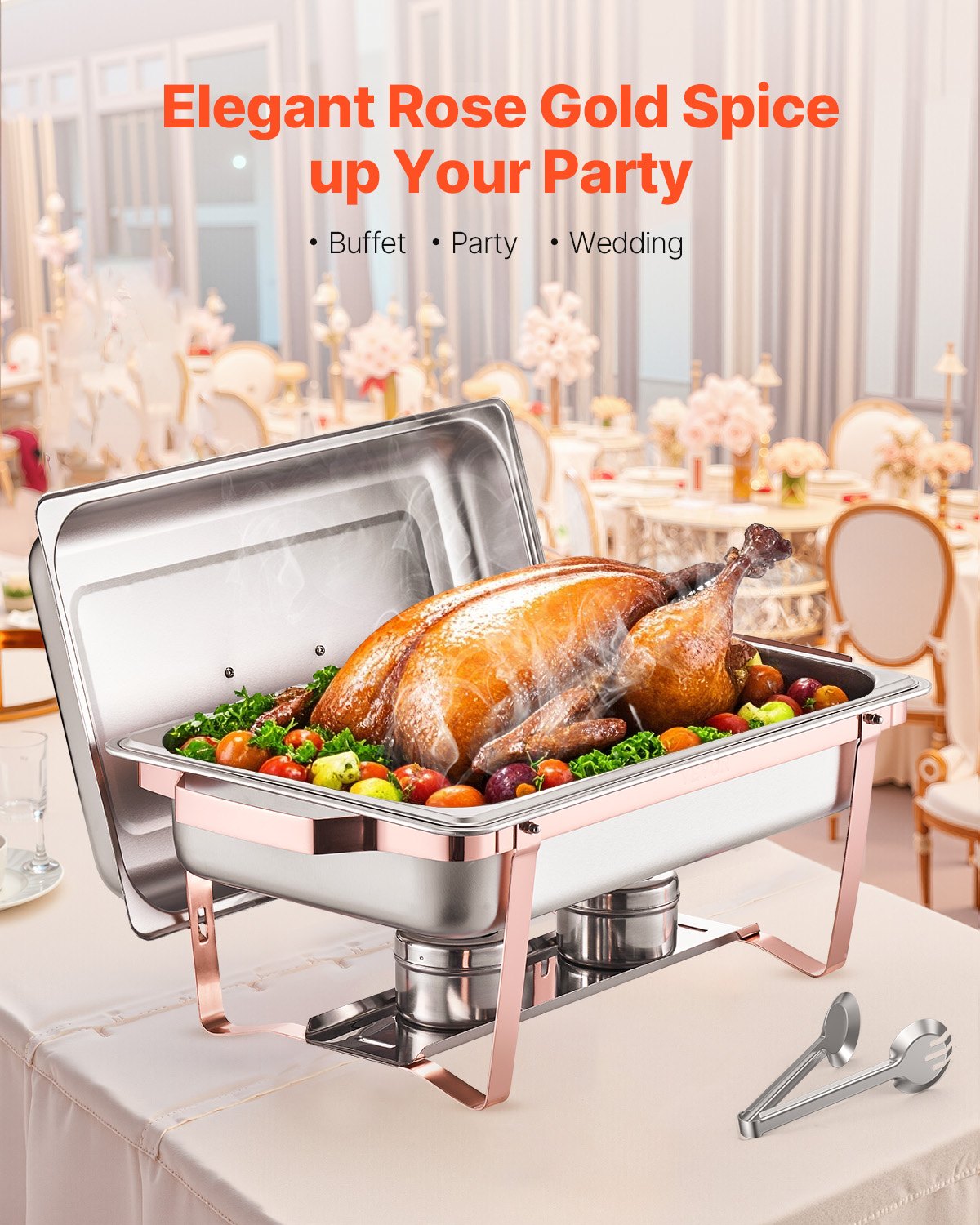 VEVOR Chafing Dish Set 2 pcs. Stainless Steel Food Warmer with 2 Full-Size Pans (7.5 L), Rectangular Catering Warmer with Lid, Water Pan Stand & Fuel Holder, Rose Gold
