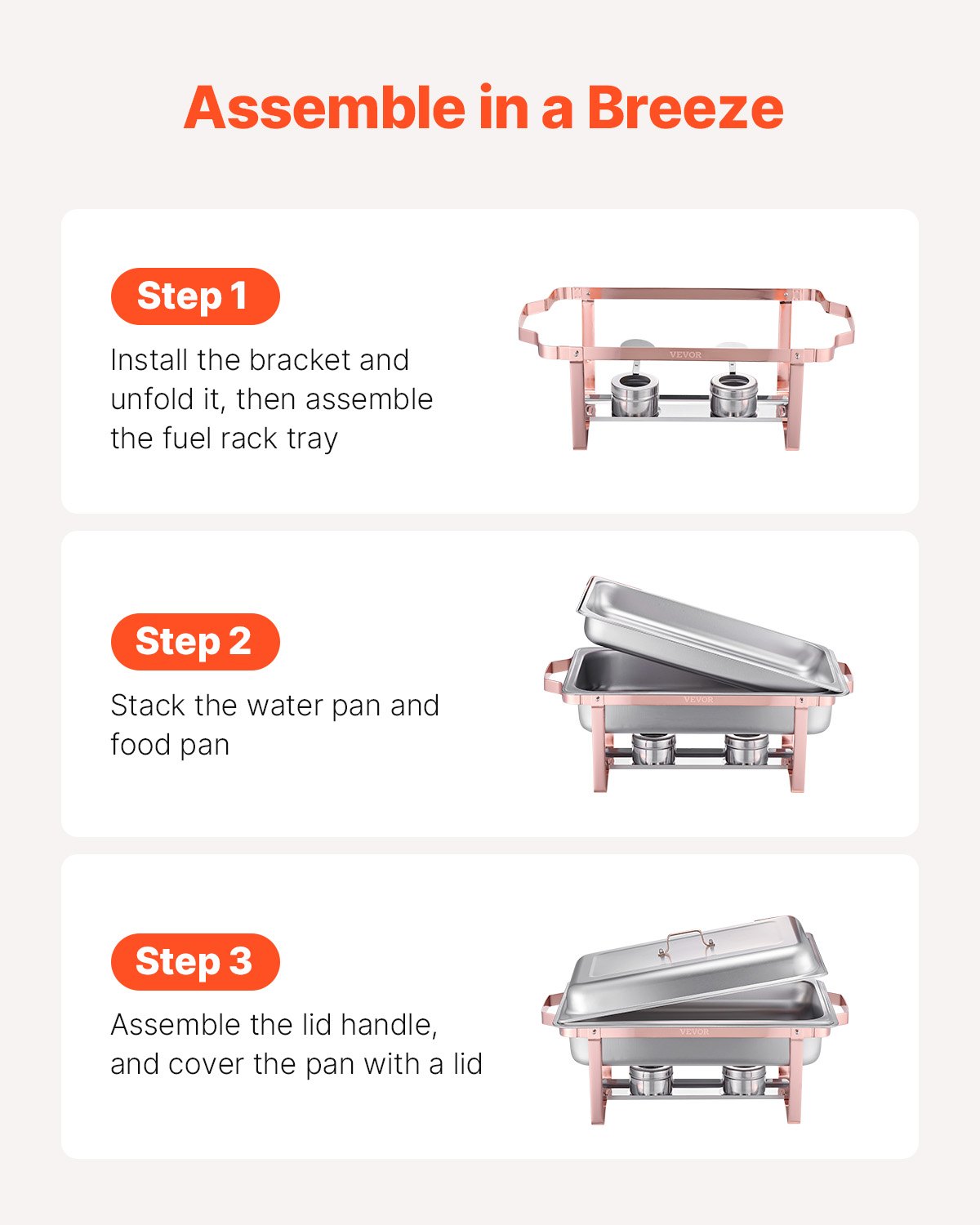 VEVOR Chafing Dish Set 2 pcs. Stainless Steel Food Warmer with 2 Full-Size Pans (7.5 L), Rectangular Catering Warmer with Lid, Water Pan Stand & Fuel Holder, Rose Gold
