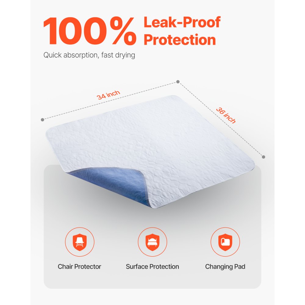 VEVOR Incontinence Pads, 864x914.5 mm, Reusable Bed Pads, Super Absorbent and Quick Drying, Suitable for Pets, Adults, Children and the Elderly (Pack of 10)