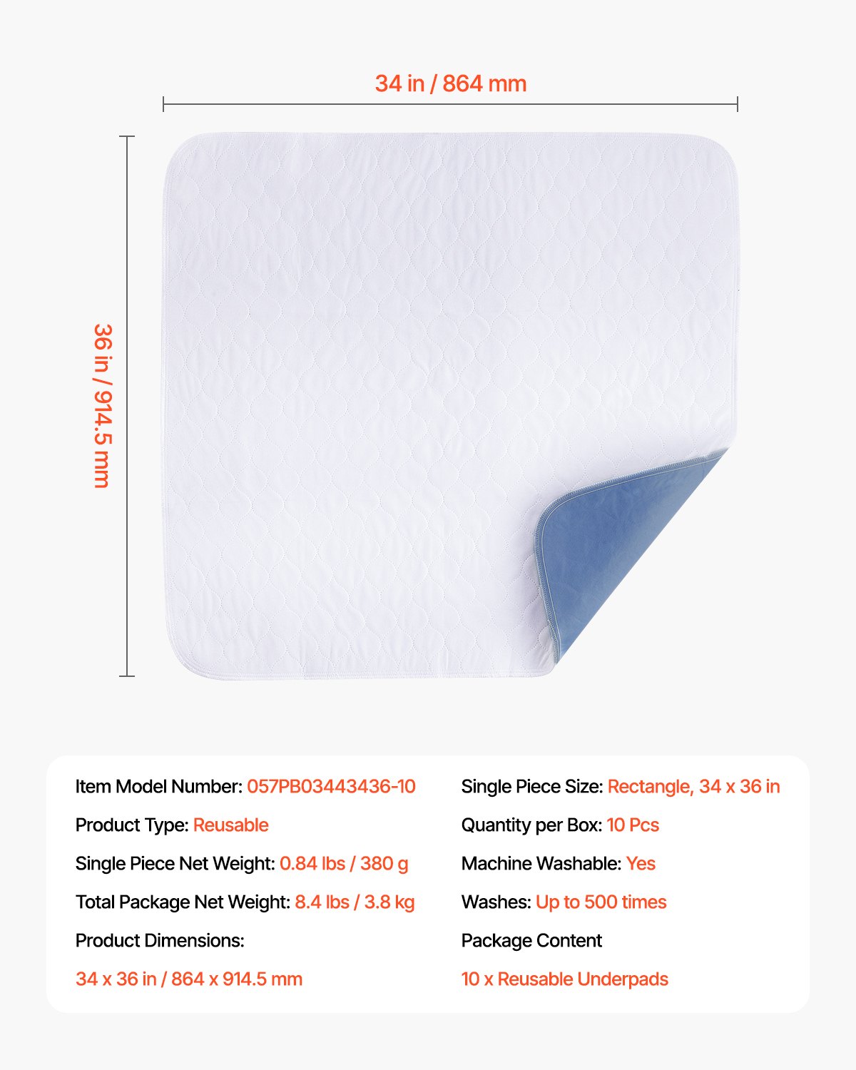 VEVOR Incontinence Pads, 864x914.5 mm, Reusable Bed Pads, Super Absorbent and Quick Drying, Suitable for Pets, Adults, Children and the Elderly (Pack of 10)