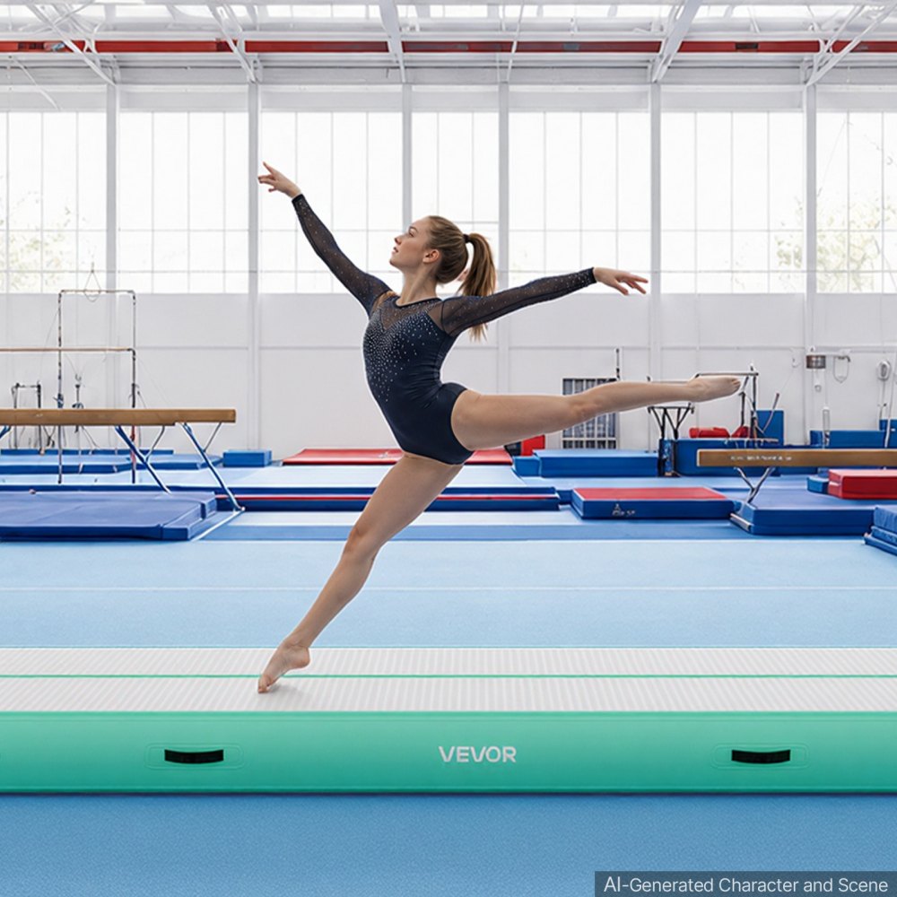 VEVOR Dmuchana mata gimnastyczna 500x100x20 cm, mata gimnastyczna Airtrack do treningu, sportów wyczynowych i jogi, z powierzchnią antypoślizgową, pompką elektryczną 600 W, łatką naprawczą, dyszami i torbą, miętowa zieleń