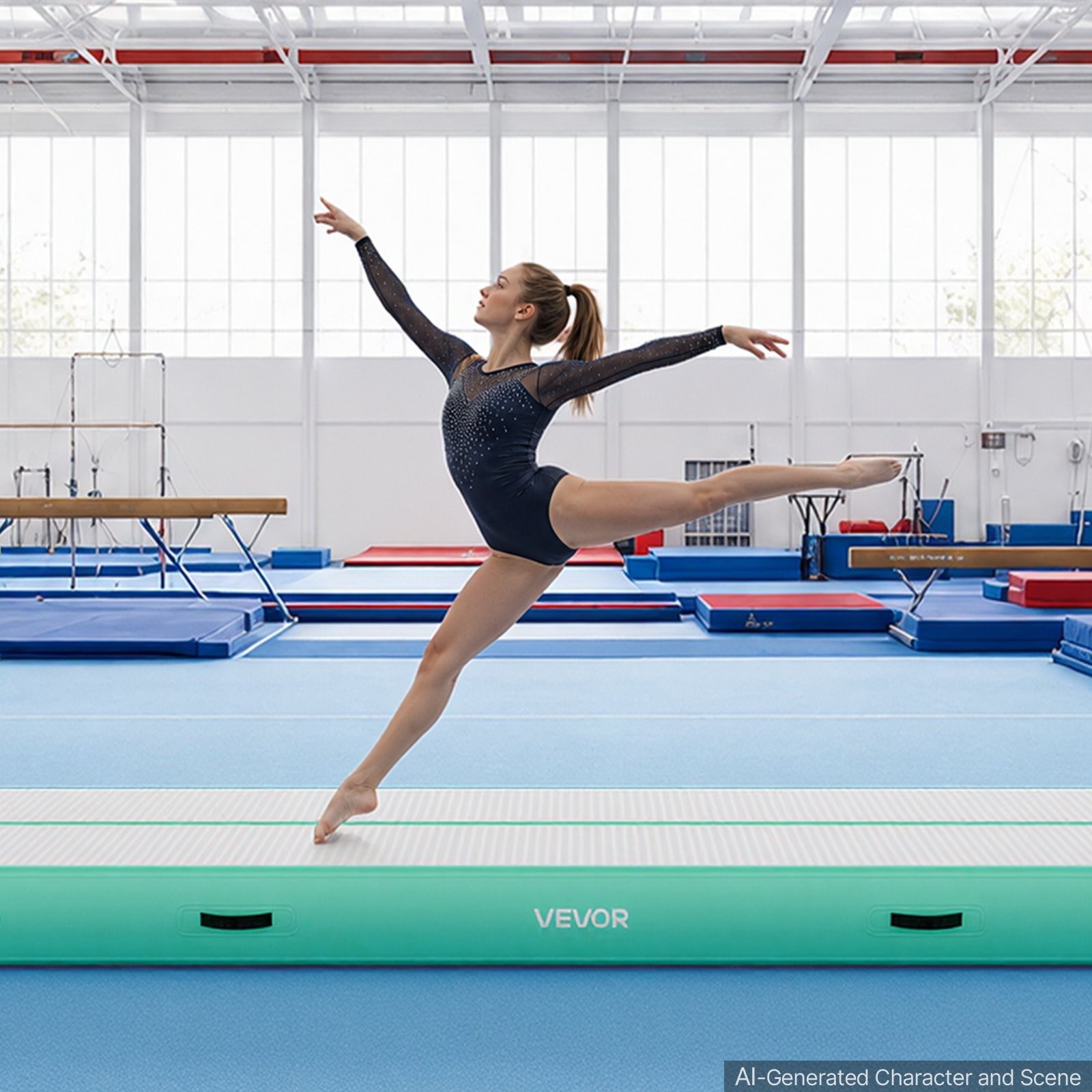 VEVOR Dmuchana mata gimnastyczna 500x100x20 cm, mata gimnastyczna Airtrack do treningu, sportów wyczynowych i jogi, z powierzchnią antypoślizgową, pompką elektryczną 600 W, łatką naprawczą, dyszami i torbą, miętowa zieleń