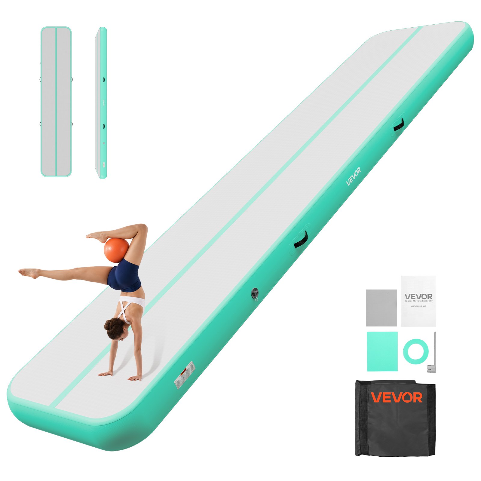 VEVOR Dmuchana mata gimnastyczna 500x100x20 cm, mata gimnastyczna Airtrack do treningu, sportów wyczynowych i jogi, z powierzchnią antypoślizgową, pompką elektryczną 600 W, łatką naprawczą, dyszami i torbą, miętowa zieleń