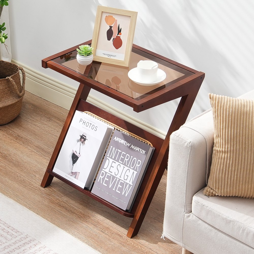 Stolik kawowy VEVOR Rattan Stolik kawowy w kształcie litery Z wykonany z plecionego rattanu bambusowego z blatem ze szkła hartowanego, 50 cm nowoczesny stolik kawowy w stylu boho z miejscem do przechowywania i nogami, do salonu, sypialni