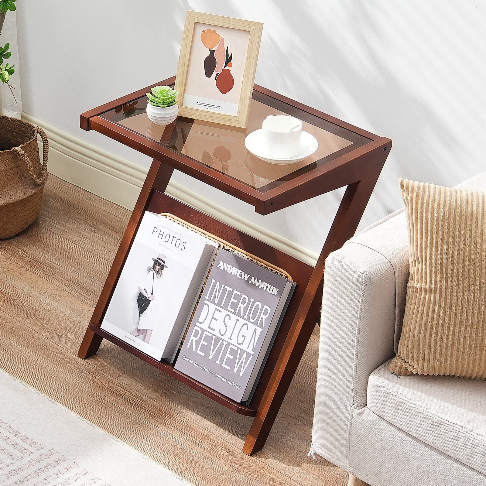 Stolik kawowy VEVOR Rattan Stolik kawowy w kształcie litery Z wykonany z plecionego rattanu bambusowego z blatem ze szkła hartowanego, 50 cm nowoczesny stolik kawowy w stylu boho z miejscem do przechowywania i nogami, do salonu, sypialni