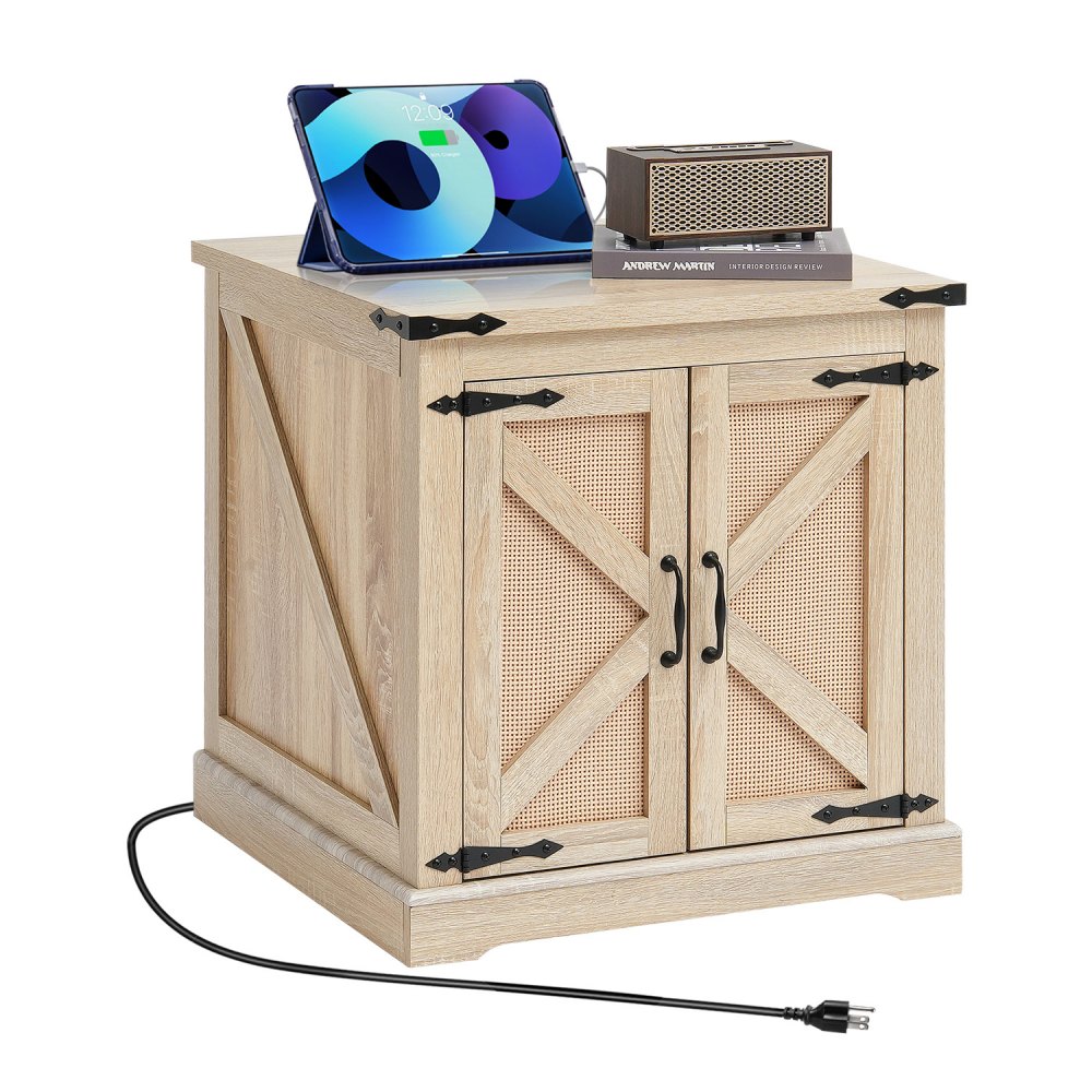 Stolik kawowy VEVOR z rattanu, prostokątny stolik kawowy wykonany z rattanu PE, z blatem z płyty MDF w stylu boho, z miejscem do przechowywania, metalowymi zawiasami w stylu retro i gniazdkiem elektrycznym, do małych pomieszczeń w salonie i sypialni