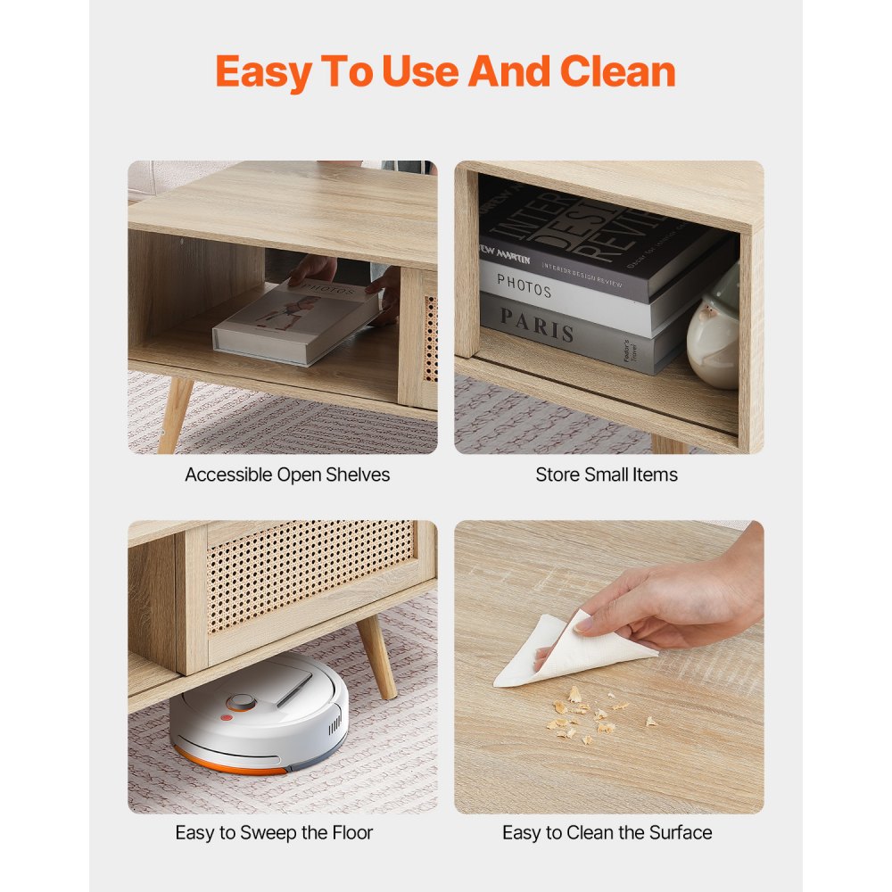 Stolik kawowy VEVOR z rattanu, prostokątny, pleciony stolik kawowy z rattanu z blatem z płyty MDF, 105 cm, nowoczesny stolik kawowy w stylu boho z dwoma poziomami i otwartą półką, do salonu i sypialni