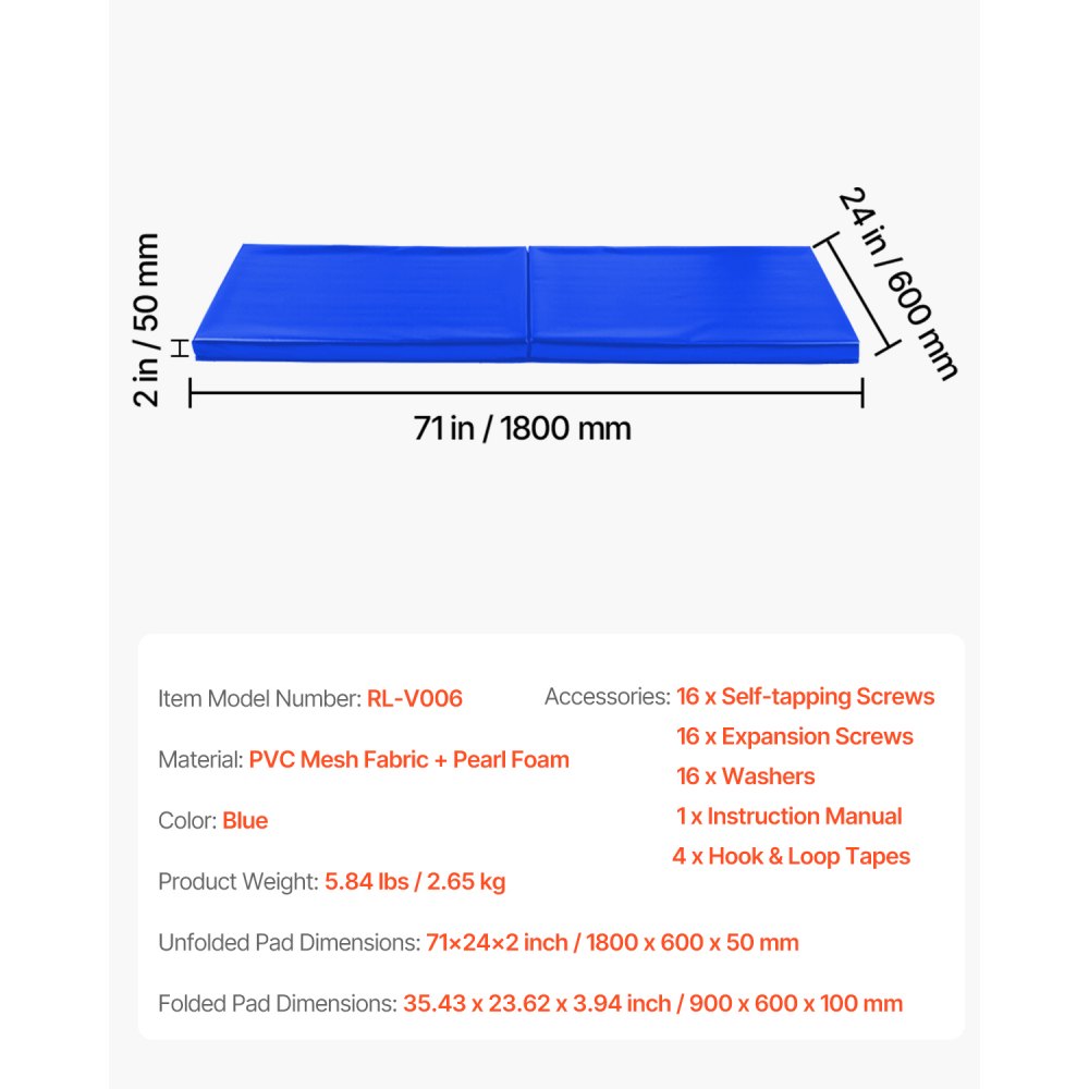 Mata ścienna VEVOR Gym Wall Pad (180 x 60 x 5 cm) odporna na rozdarcia, wyjmowana pianka o wysokiej gęstości do montażu na ścianie boiska do koszykówki, podkładka ochronna do piwnicy, kolor niebieski