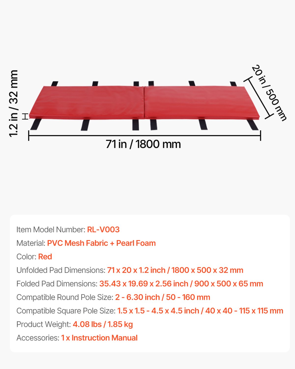 Ochraniacz do koszykówki VEVOR (wys. 180 cm) Ochraniacz kompatybilny z prętami kwadratowymi (40 x 40 do 115 x 115 mm) i prętami okrągłymi (średnica zewnętrzna 50-160 mm) Ochronny ochraniacz do garażu Czerwony