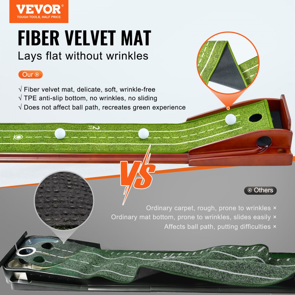 Mata do puttingu VEVOR Golf, mata golfowa z 1 dołkiem, mata do ćwiczeń golfowych w pomieszczeniach, zestaw do minigolfa z automatycznym powrotem piłki, prowadnica do wyrównywania, drewniana podstawa, sprzęt do treningu golfowego, kolor zielony, do użytku domowego