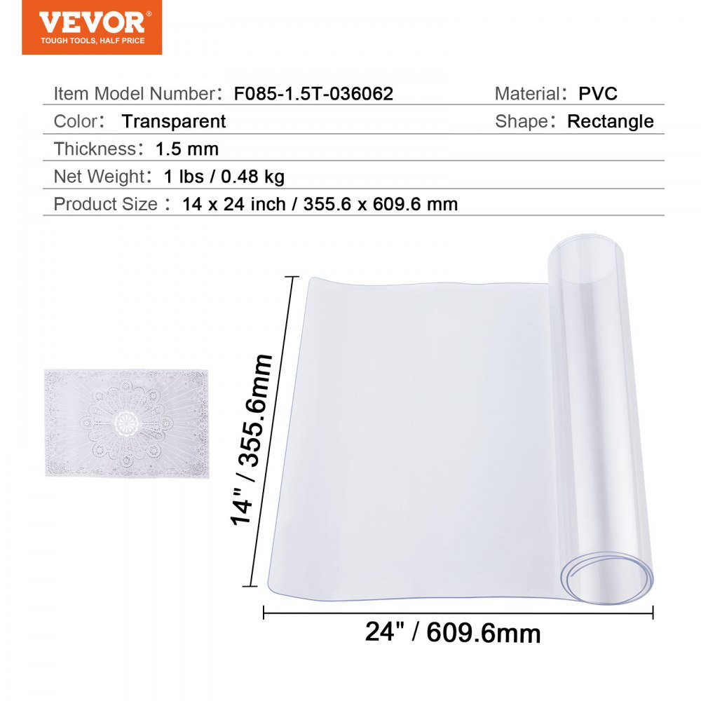 VEVOR Plastikowy obrus, 14 x 24 cale, grubość 1,5 mm, przezroczysty ochraniacz stołu, prostokątna podkładka na biurko z PVC, wodoodporna i łatwa w czyszczeniu, pokrowiec na stół, do biura, komody, stołu jadalnego, stolika nocnego