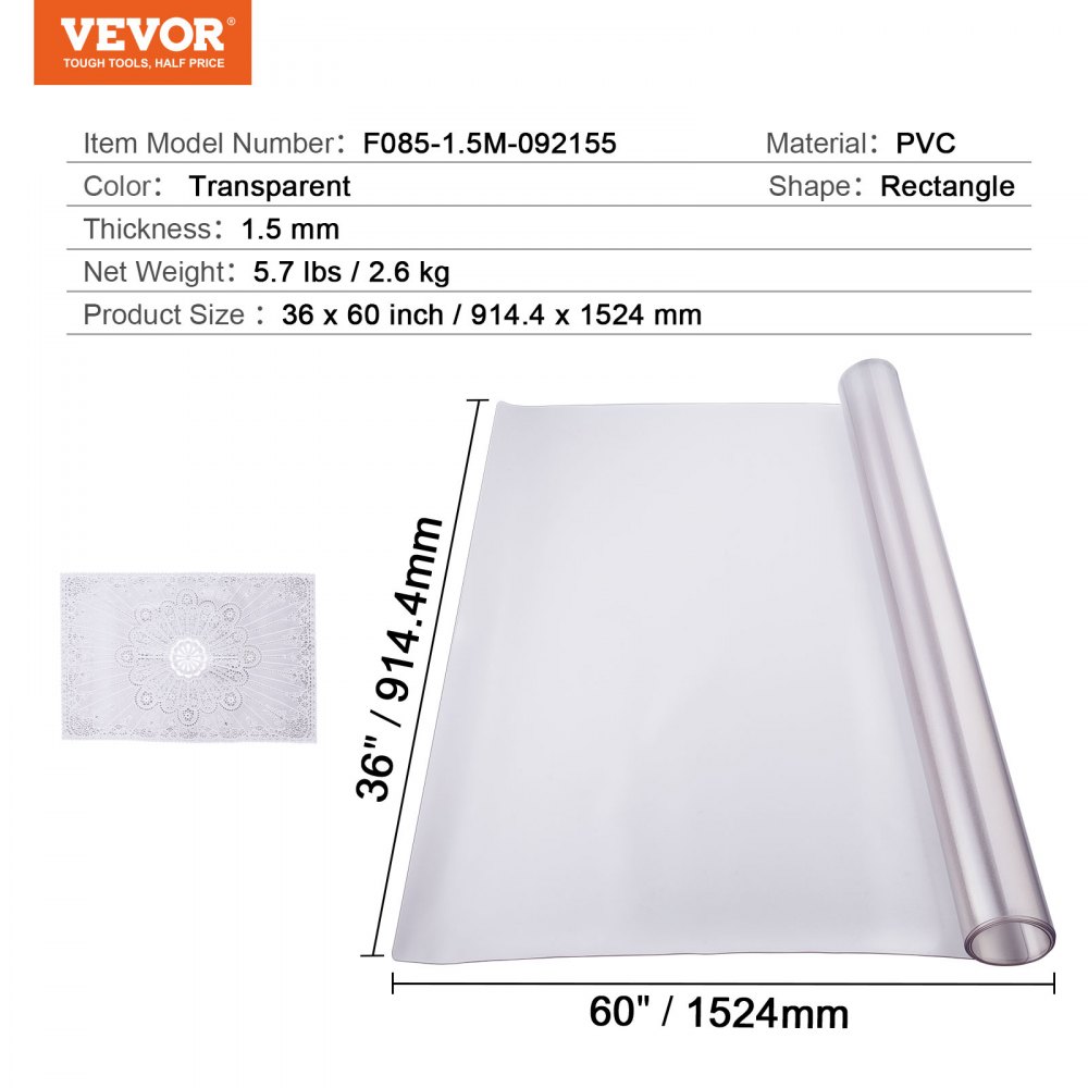 VEVOR Plastikowy obrus, 36 x 60 cali, matowy ochraniacz stołu o grubości 1,5 mm, prostokątna podkładka na biurko z PVC, wodoodporna i łatwa w czyszczeniu, pokrowiec na stół, do biura, komody, stołu jadalnego, stolika nocnego