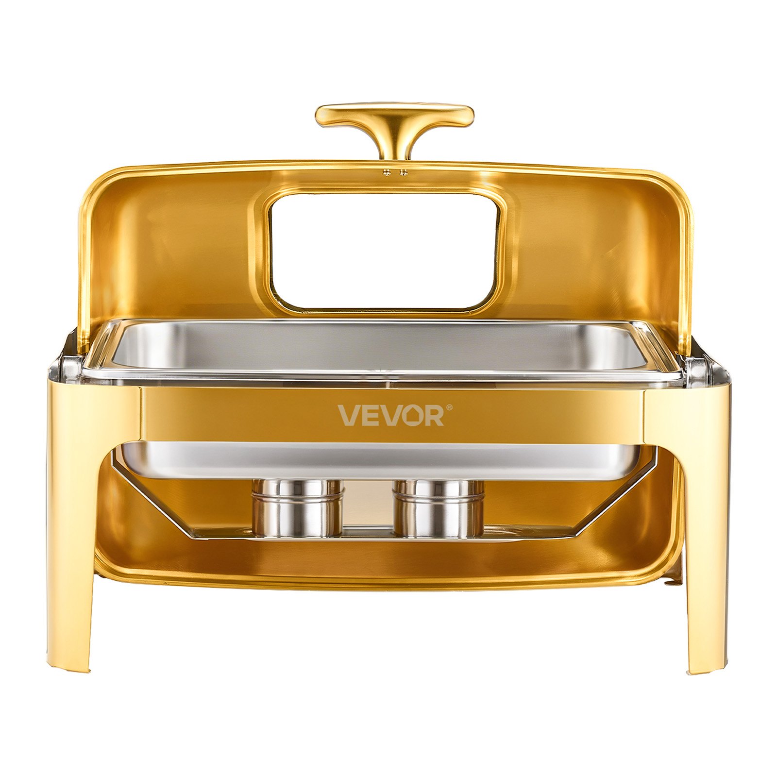 VEVOR Chafing Dish Set, Stainless Steel Food Warmer with Full-Size Pans (8.5 L), Rectangular Heater with Visible Lid, Water Pan Stand, and Fuel Holder, for Parties, Gold