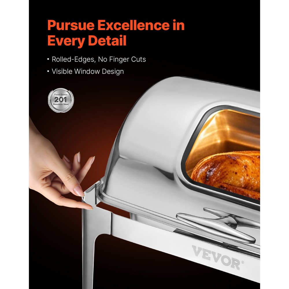 Zestaw do podgrzewania potraw VEVOR ze stali nierdzewnej z 2 patelniami o połówkowej wielkości (3,9 l), prostokątny dozownik ciepła z widoczną pokrywką, podstawką na patelnię z wodą i uchwytem na paliwo, na imprezy, srebrny