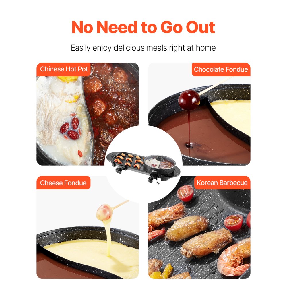 VEVOR Hot Pot z grillem, 2200 W, 2 w 1, elektryczny grill bezdymny i garnek, koreański BBQ Shabu Hot Pot z oddzielną podwójną kontrolą temperatury i patelniami nieprzywierającymi