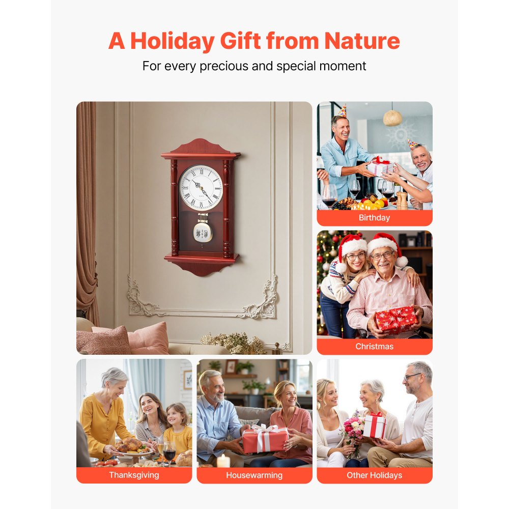 Zegar ścienny VEVOR Vintage Pendulum 460x240x92 mm, klasyczny, z drewna sosnowego i płyty MDF, z mechanizmem kwarcowym, do salonu, sypialni, dekoracji wnętrz i na prezent (wykończenie wiśniowe)