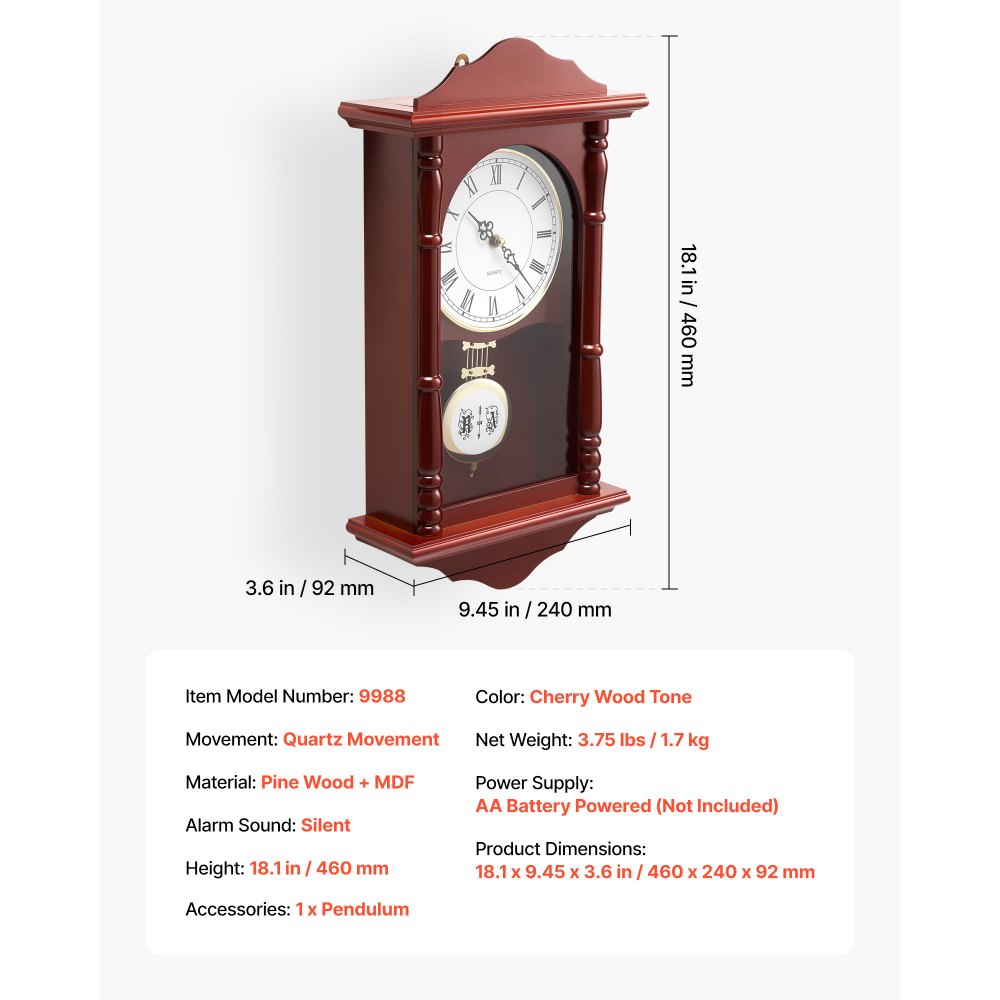 Zegar ścienny VEVOR Vintage Pendulum 460x240x92 mm, klasyczny, z drewna sosnowego i płyty MDF, z mechanizmem kwarcowym, do salonu, sypialni, dekoracji wnętrz i na prezent (wykończenie wiśniowe)