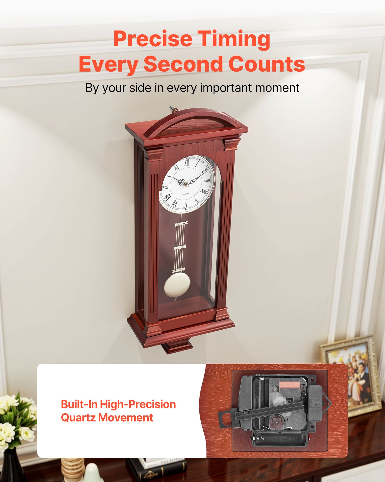 Zegar ścienny VEVOR Vintage Pendulum, 680x260x125 mm, klasyczny zegar ścienny z drewna sosnowego i płyty MDF z mechanizmem kwarcowym, do salonu, sypialni, dekoracji wnętrz i na prezent (wykończenie w kolorze wiśniowym)