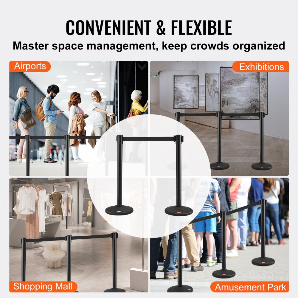 Taśma odgradzająca do systemu prowadzenia osób VEVOR, stojak odgradzający, 6 elementów, 2 m x 48 mm, czarny, zwijany pas, słupek odgradzający do systemu prowadzenia osób, odpowiedni na lotniska, targi, miejsca zawodów itp.
